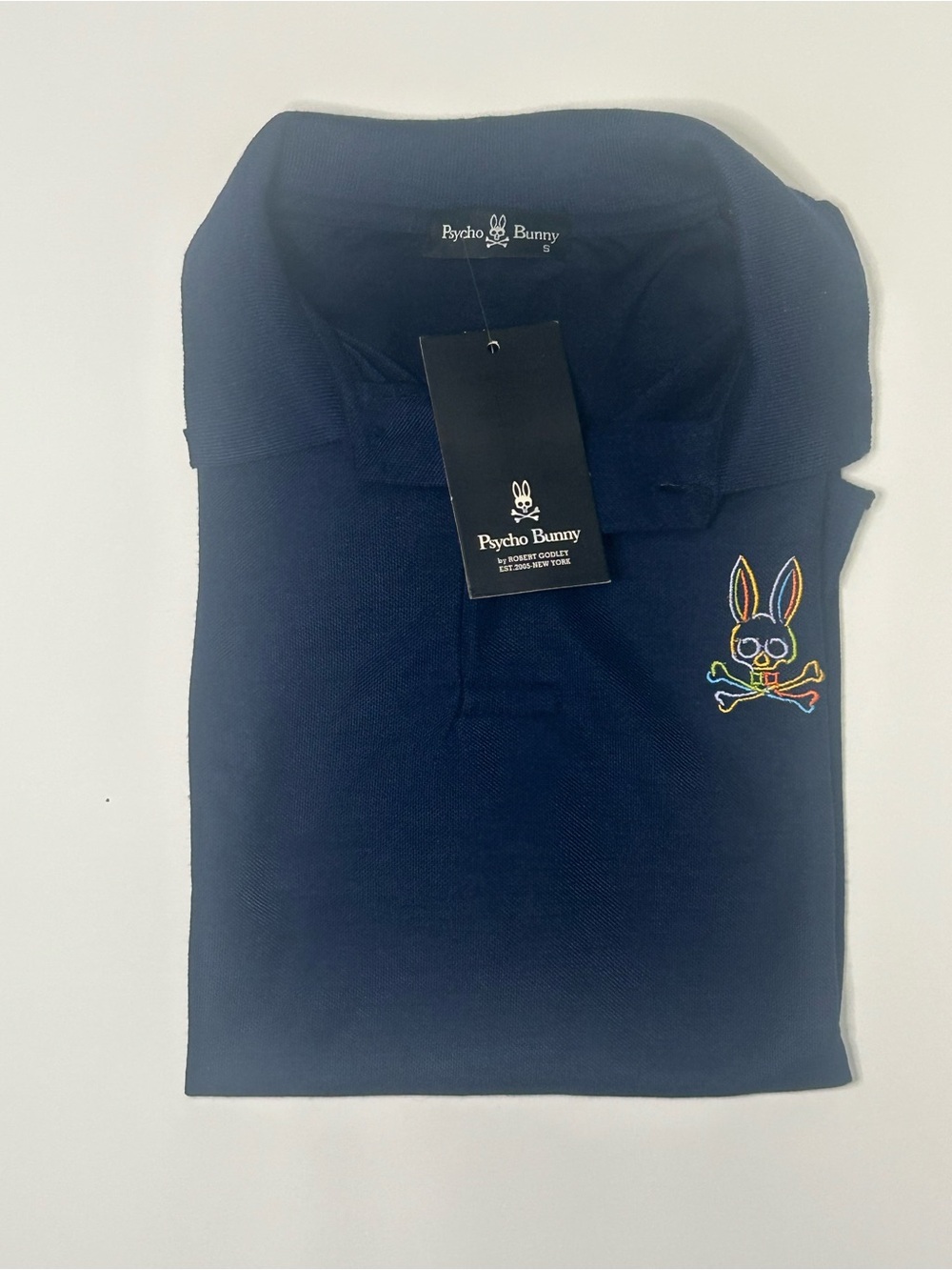 Psycho Bunny Navy Polo with Embroidered Multicolor Bunny with Tags